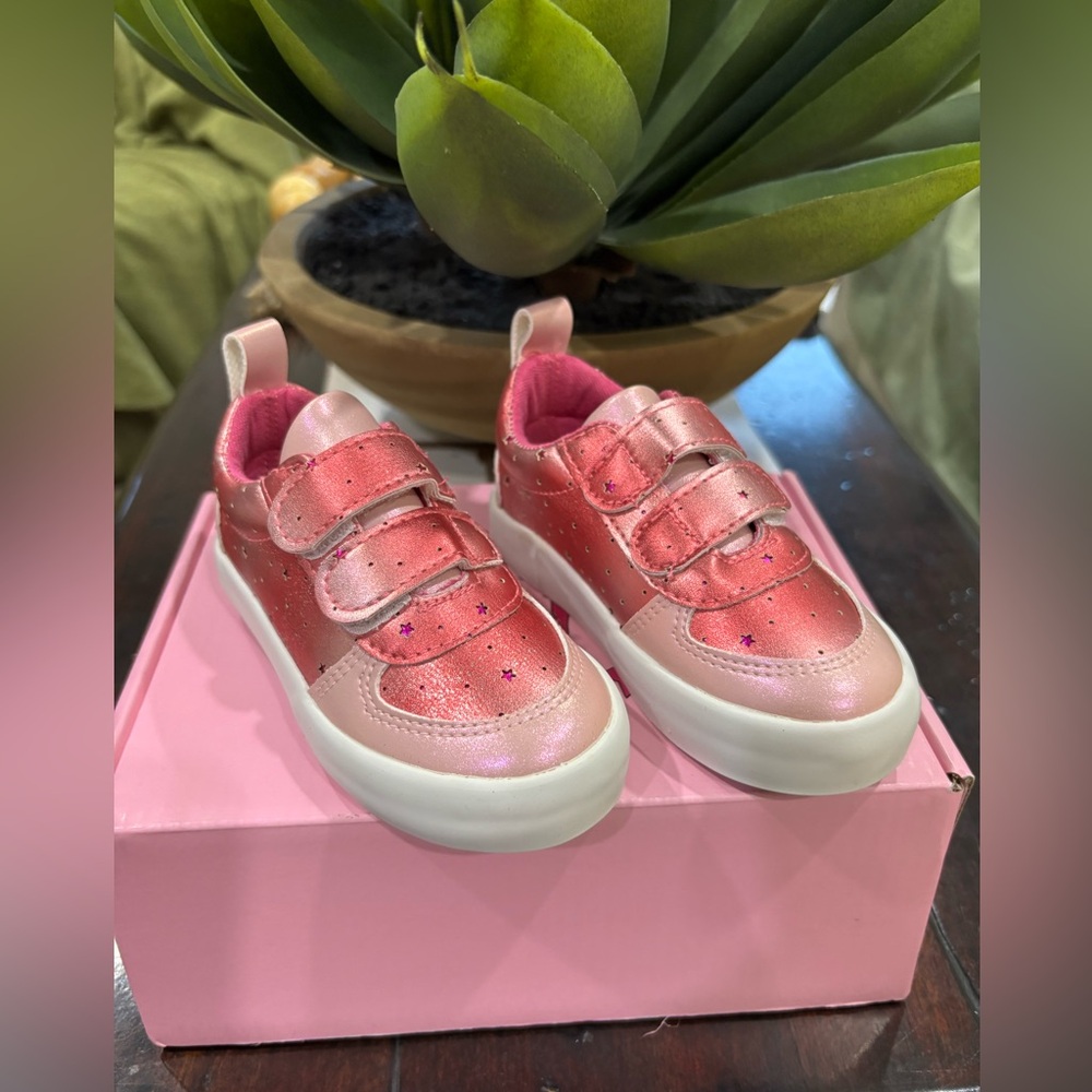Olivia Miller Girl Kids Metallic Pink Star Accent Velcro Sneakers